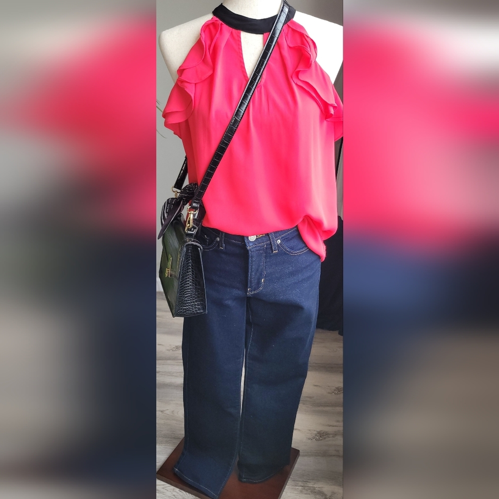 NY Collection Hot Pink Ruffle Sleeve Blouse Keyhole Neck Tie Back Size S Flowy
